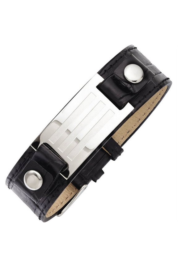 Stainless Steel Polished Black Leather Stone Finish with Buckle Bracelet, 9.5
