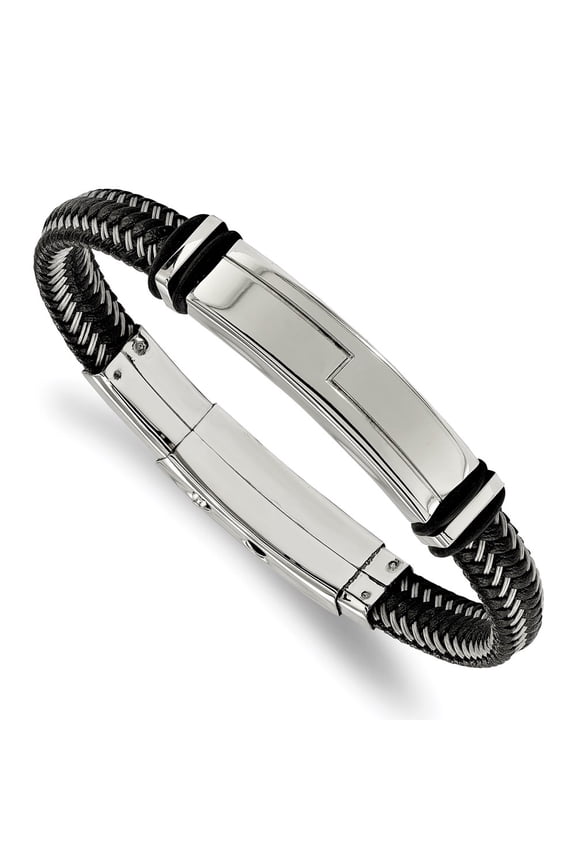 Stainless Steel Polished Black Leather with Rubber Adj 8.25-8.75in ID Bracelet