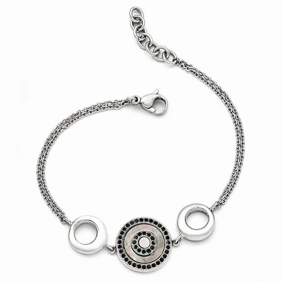 Stainless Steel Polished Black Mother of Pearl and Crystal With .75inch Ext Bracelet - 7.5 Inch - Measures 17.5mm Wide