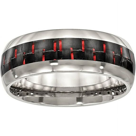 Stainless Steel Polished Black/Red Carbon Fiber Inlay Ring