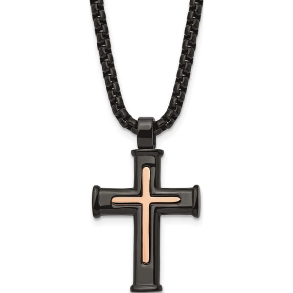 Stainless Steel Polished Black/Rose Ip-Plated Cross 24In Necklace (24 X 22) Made In China srn2981-24
