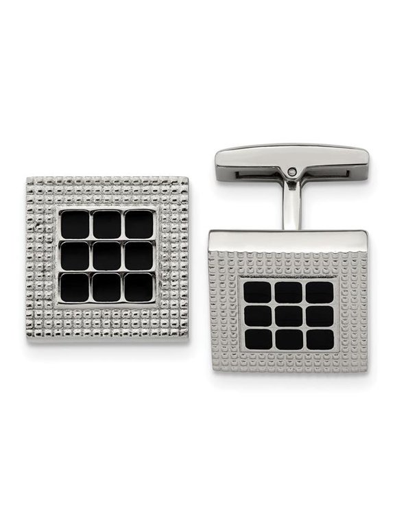 Stainless Steel Polished Black Rubber Square Cuff Links