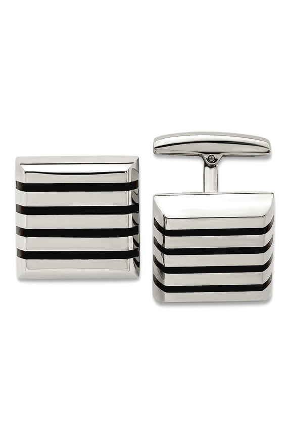 Stainless Steel Polished Black Rubber Square Cuff Links 17.5mm Wide Cuff Link for Men