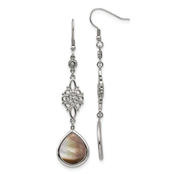 Stainless Steel Polished Black Simulated Mother of Pearl Cubic Zirconia Dangle Earrings - Measures 1