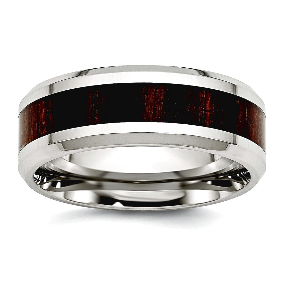 Stainless Steel Polished Black Wood Inlay Enameled 7.80mm Ring Size 8 Ring for Women