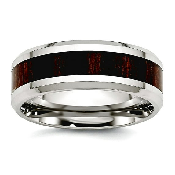 Stainless Steel Polished Black Wood Inlay Enameled 7.80mm Ring Size 9.5 Ring for Women