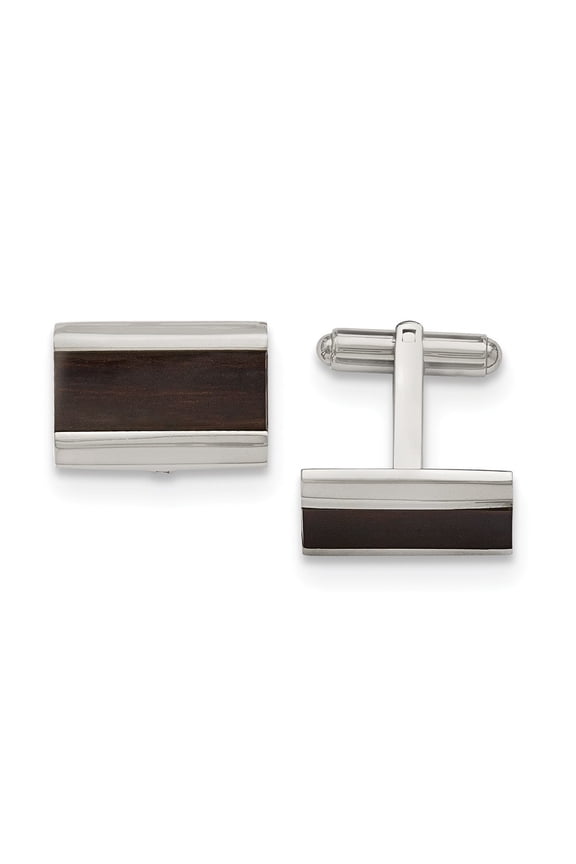 Stainless Steel Polished Black Wood Inlay Enameled Cuff Links - Measures 19.5mm Wide