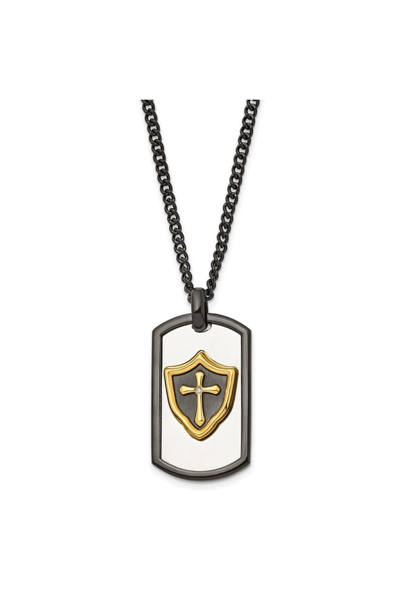 Stainless Steel Polished Black Yellow IP CZ HERO Dog Tag 24in Necklace