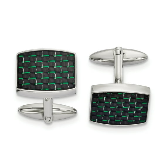 Stainless Steel Polished Black and Green Carbon Fiber Inlay Cuff Links