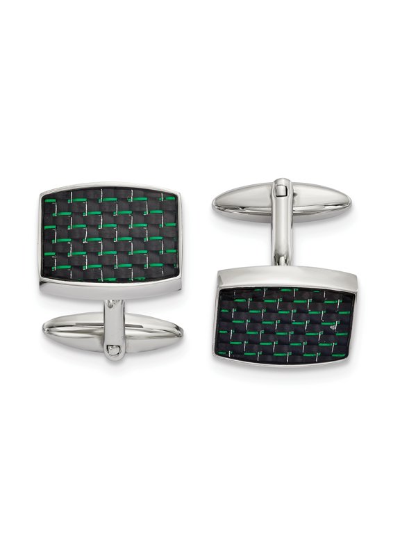 Stainless Steel Polished Black and Green Carbon Fiber Inlay Cuff Links