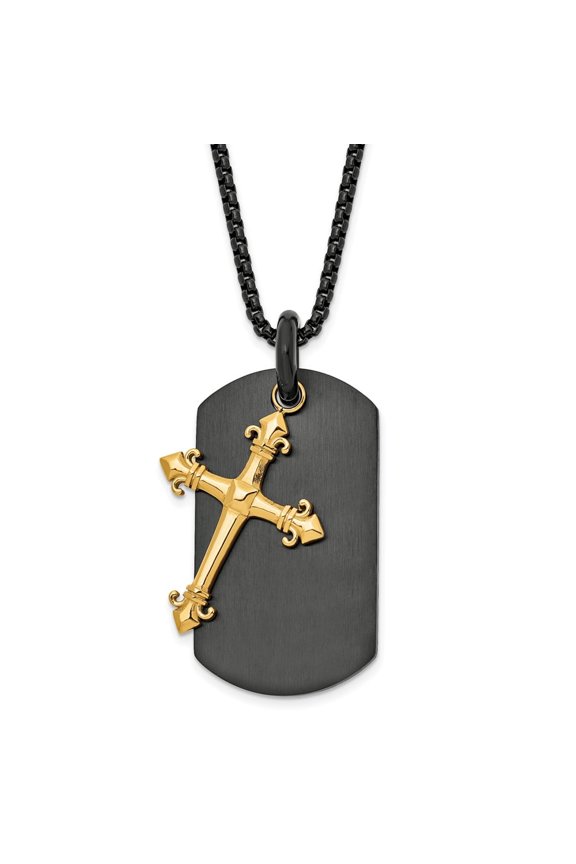 Stainless Steel Polished Black and Yellow IP-plated 2 Piece Cross and Dog Tag on a 24.75 inch Box Chain Necklace