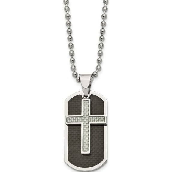 Stainless Steel Polished Blk/Grey Carbon Fiber Inlay Cross/Dogtag Necklace (24 X 24) Made In China srn840-24