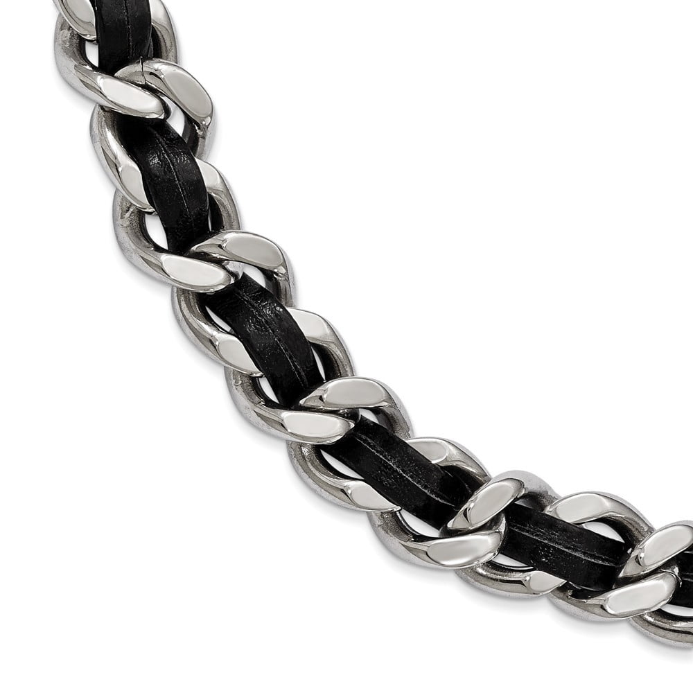 Stainless Steel Polished Blk Leather With 2in. Ext. Curb Chain Necklace - 15 Inch