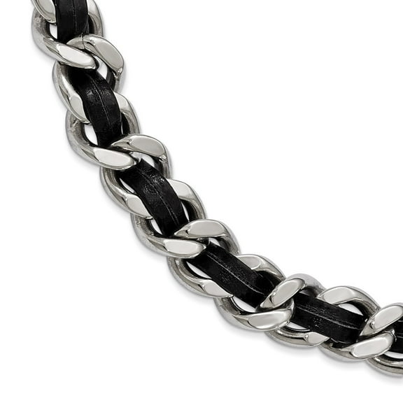 Stainless Steel Polished Blk Leather With 2in. Ext. Curb Chain Necklace - 15 Inch