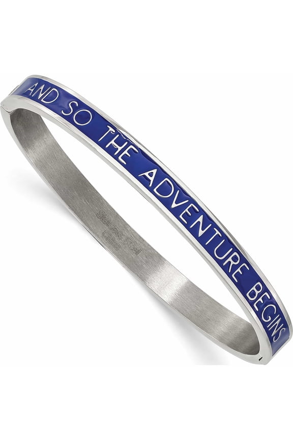Stainless Steel Polished Blue Enamel Adventure Begins 6mm Bangle