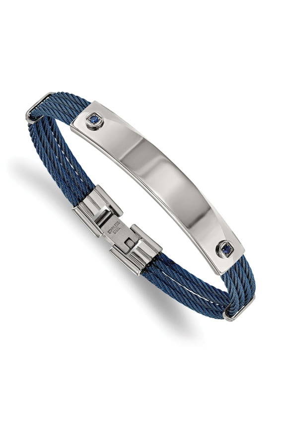 Stainless Steel Polished Blue IP-plated Cable with Blue CZ 7.25 inch ID Bracelet