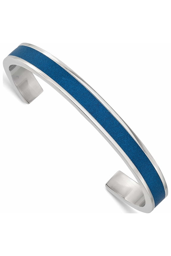 Stainless Steel Polished Blue Leather Inlay 8mm Cuff Bangle Made In China -Jewelry By Sweet Pea