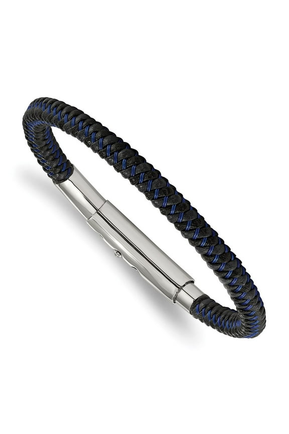 Stainless Steel Polished Blue Wire and Black Polyurethane Adjustable 7.75 to 8.25 inch Bracelet