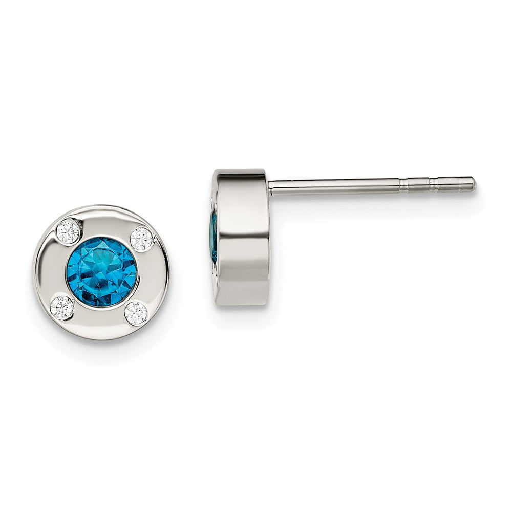 Stainless Steel Polished Blue and Clear CZ Post Earrings; for Adults and Teens; for Women and Men
