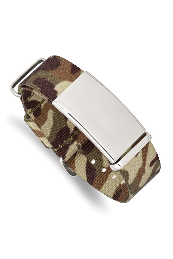 Stainless Steel Polished Brown Camo Fabric Adjustable ID Chain Bracelet; for Adults and Teens; for Women and Men