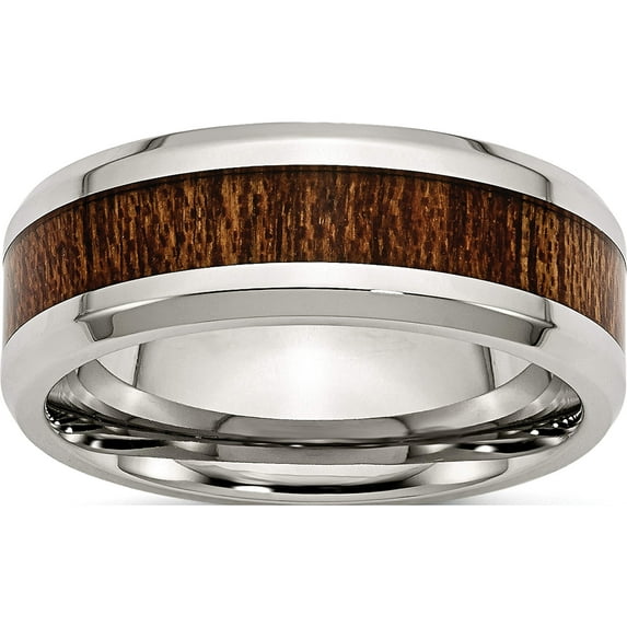 Stainless Steel Polished Brown Koa Wood Inlay Enameled 8mm Band (Size 8) Made In China sr403-8