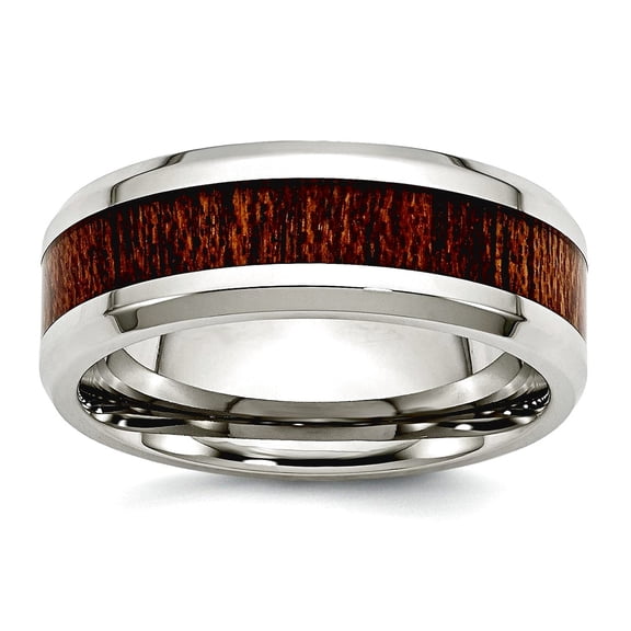 Stainless Steel Polished Brown Wood Inlay Enameled 7.80mm Ring Size 11 Ring for Women