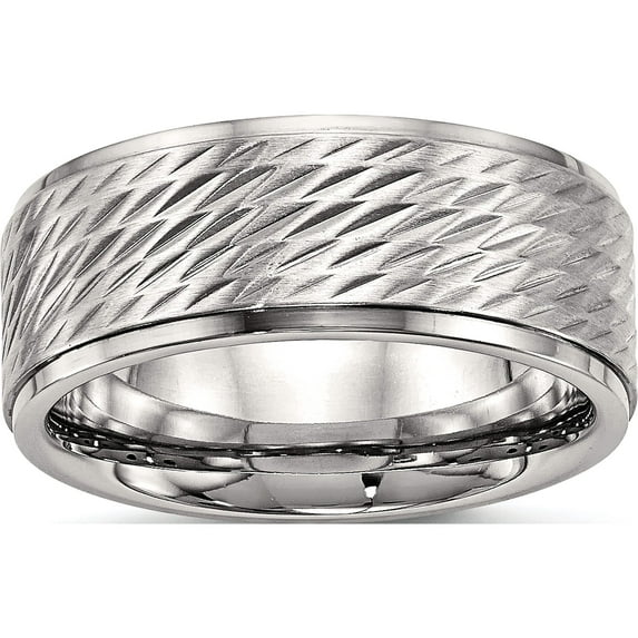 Stainless Steel Polished Brushed Center D/C 9mm Ridged Edge Band (Size 10.5) Made In China sr554-10.5