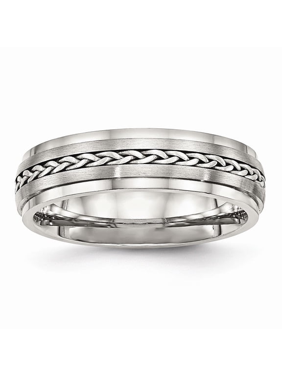 Stainless Steel Polished & Brushed With Silver Braid Inlay Ring Size: 13; for Adults and Teens; for Women and Men