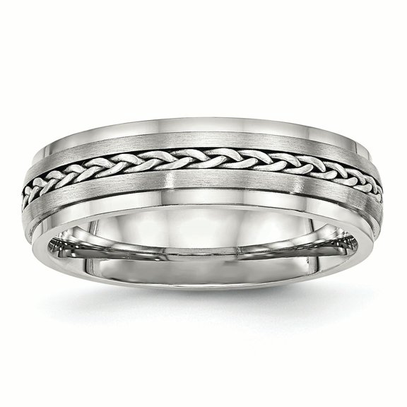 Stainless Steel Polished & Brushed w/Silver Braid Inlay Ring