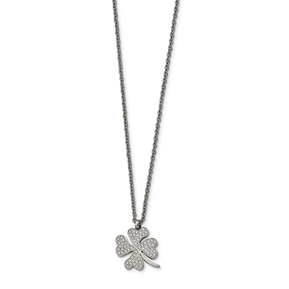 Stainless Steel Polished CZ Four Leaf Clover Necklace; 22