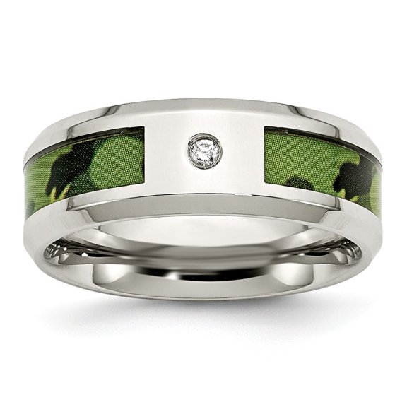 Stainless Steel Polished Camouflage 0.035ct. Diamond 8mm Band Ring - .04 dwt - Size 9.5