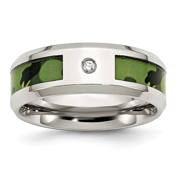 Stainless Steel Polished Camouflage 0.035ct. Diamond 8mm Band Size: 12; for Adults and Teens; for Women and Men