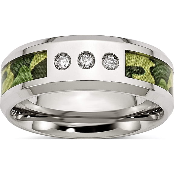 Jewelry by Sweet Pea Chisel Stainless Steel Polished Camouflage 1/10 Carat Diamond 8mm Band