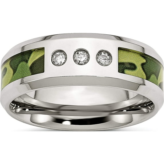 Stainless Steel Polished Camouflage 1/10Ct Diamond 8mm Band (Size 8.5) Made In China sr412a-8.5