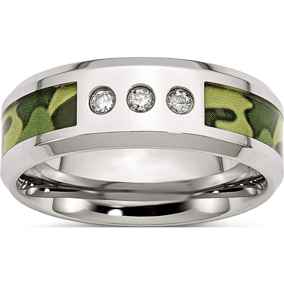Jewelry by Sweet Pea Chisel Stainless Steel Polished Camouflage 1/10 Carat Diamond 8mm Band