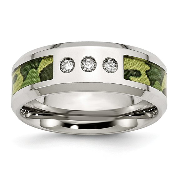 Stainless Steel Polished Camouflage 1/10ct. tw. Diamond 8mm Band Size: 13; for Adults and Teens; for Women and Men