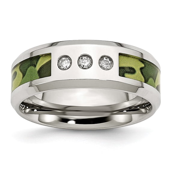 Stainless Steel Polished Camouflage 1/10ct. tw. Diamond 8mm Band Size: 9.5; for Adults and Teens