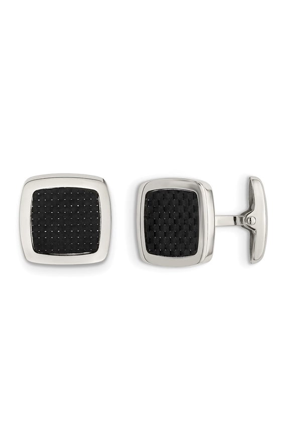 Stainless Steel Polished Black Carbon Fiber Inlay Cuff Links