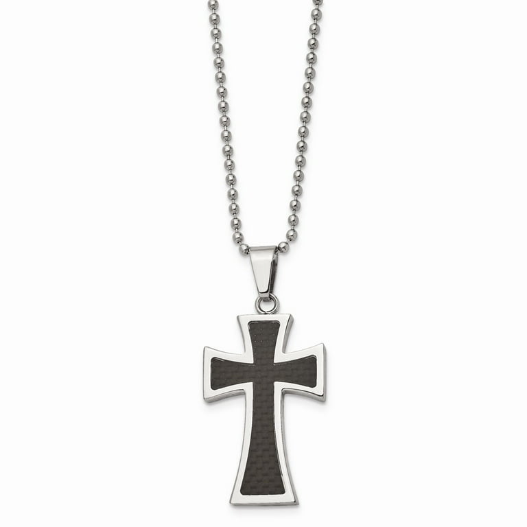 Stainless Steel Polished With Carbon Fiber Inlay Cross 22in Necklace Stainless Steel Polished With Carbon Fiber Inlay Cross 22in Necklace