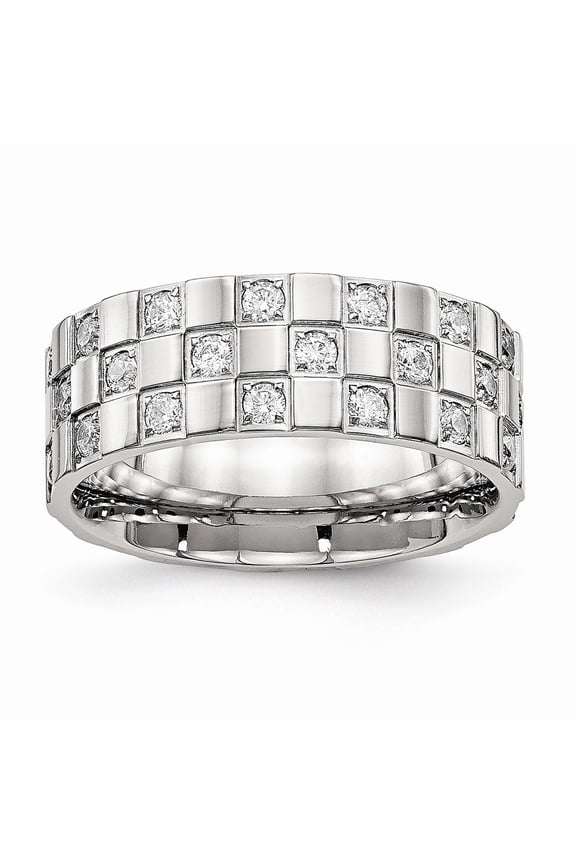 Stainless Steel Polished Checkered Board CZ Ring Size: 9; for Adults and Teens; for Women and Men