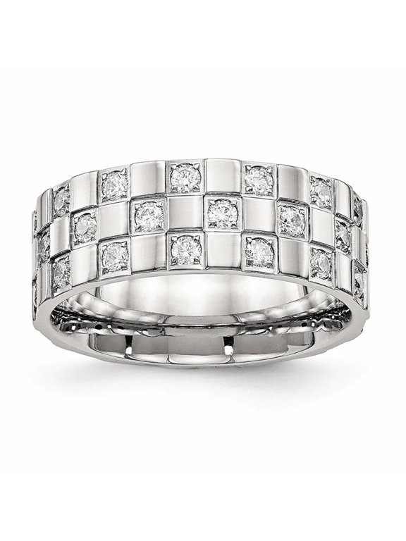 Stainless Steel Polished Checkered Board CZ Ring
