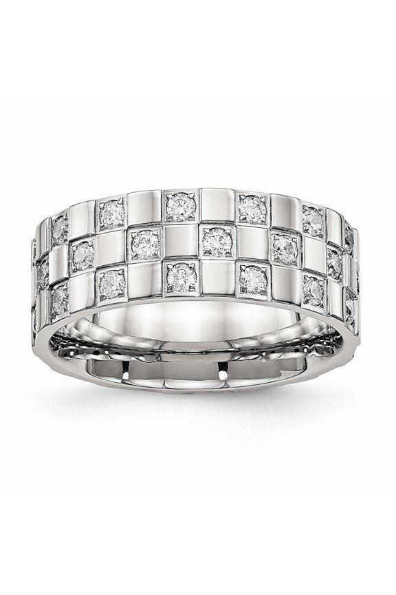 Stainless Steel Polished Checkered Board CZ Ring