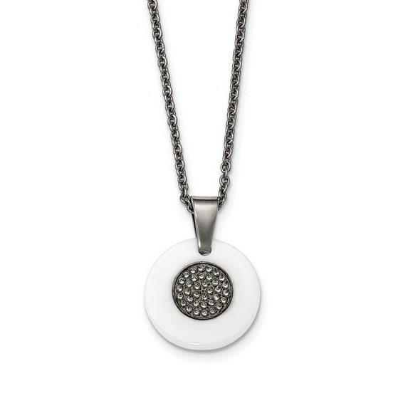 Stainless Steel Polished Circle White Ceramic Cubic Zirconia Necklace - 22 Inch - Measures 19.8mm Wide