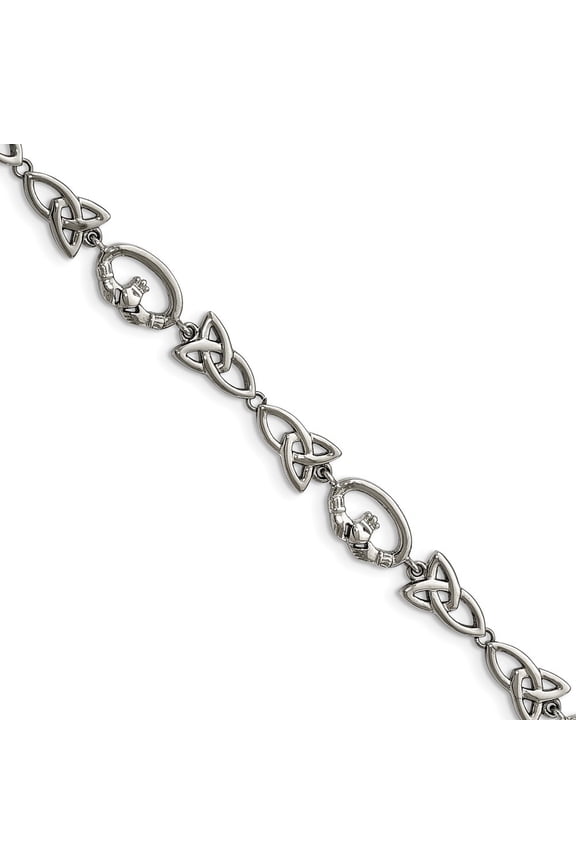 Stainless Steel Polished Claddagh and Trinity Knot Bracelet - 7.75 Inch - Measures 9mm Wide
