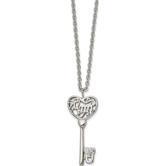 Jewelry by Sweet Pea Chisel Stainless Steel Polished Clear Crystal Mom Heart Key Pendant on a 20 inch Cable Chain Necklace