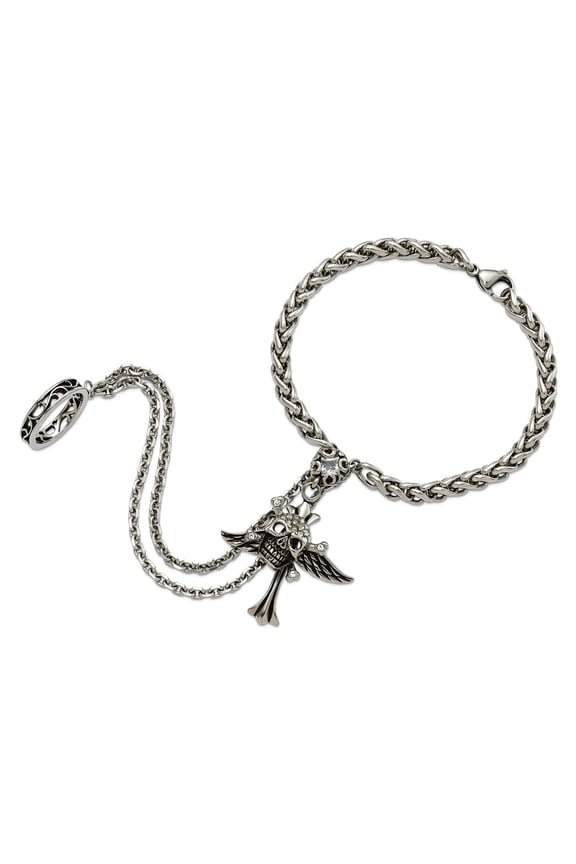 Stainless Steel Fancy Lobster Closure Oxidized Polished Crystal Connect Bracelet and Ring Size 9 Jewelry Set for Women