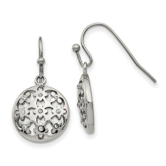 Stainless Steel Polished Cubic Zirconia Circle Shepherd Hook Earrings