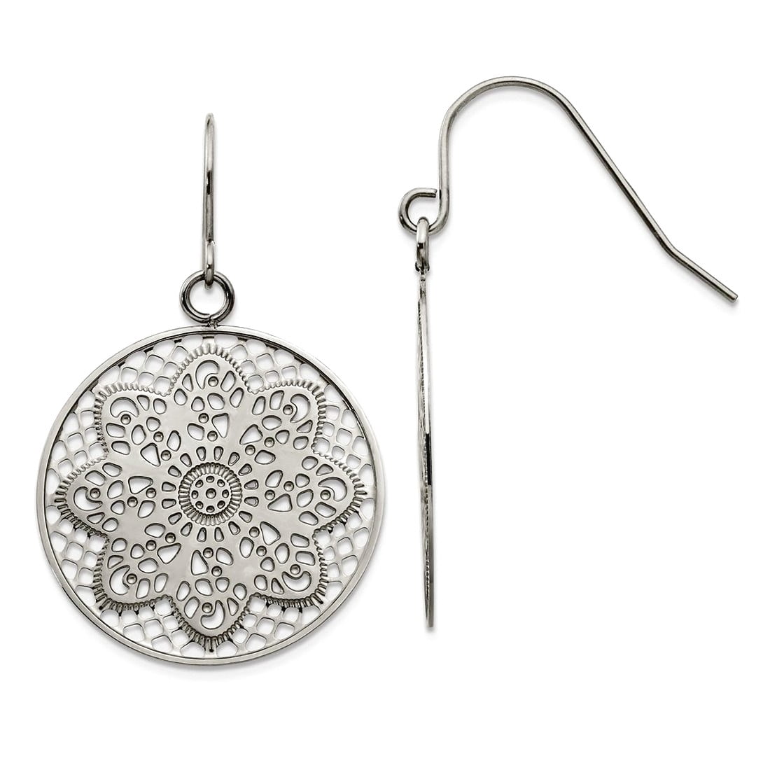 Stainless Steel Polished Cut-out Flower Shepherd Hook Earrings 28.8x25mm Wide Stud Earring for Women