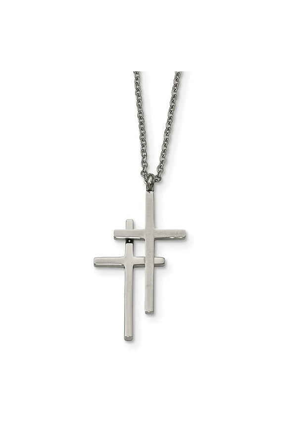 Stainless Steel Polished Double Cross Necklace - 18 Inch