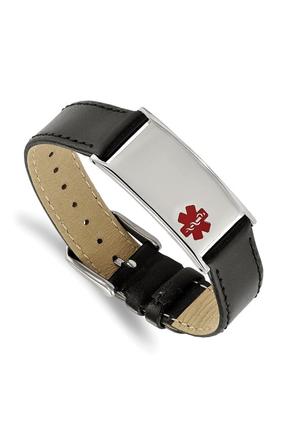Stainless Steel Polished with Red Enamel Medical ID Black Leather Adjustable 6.5 to 8.25 inch Bracelet